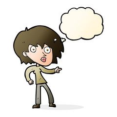 cartoon surprised woman pointing with thought bubble