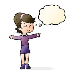 cartoon happy woman pointing with thought bubble