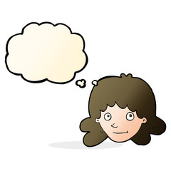 cartoon happy female face with thought bubble