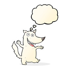 cartoon happy wolf with thought bubble