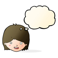 cartoon happy female face with thought bubble