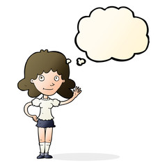 cartoon woman waving with thought bubble