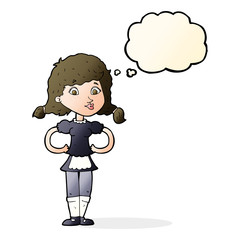 cartoon happy waitress woman with thought bubble