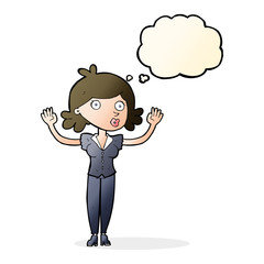 cartoon woman surrendering with thought bubble