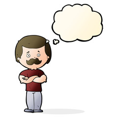 cartoon manly mustache man with thought bubble