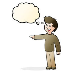 cartoon happy man pointing and laughing with thought bubble
