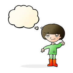 cartoon boy in poor clothing giving thumbs up symbol with though