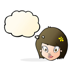 cartoon happy female face with thought bubble