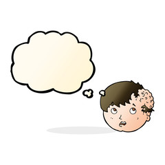 cartoon boy with ugly growth on head with thought bubble