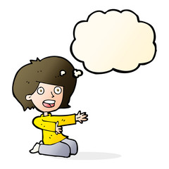 cartoon shocked woman on knees with thought bubble
