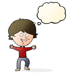 cartoon happy boy laughing with thought bubble