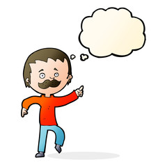 cartoon man with mustache pointing with thought bubble