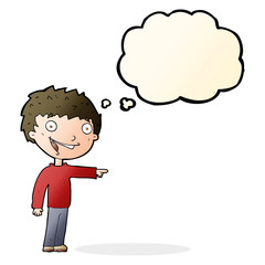 cartoon happy boy laughing with thought bubble