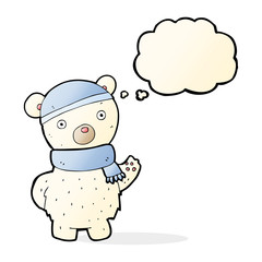 Obraz na płótnie Canvas cartoon polar bear in winter hat and scarf with thought bubble