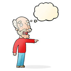 cartoon scared old man pointing with thought bubble