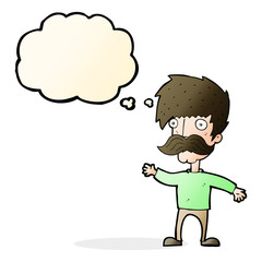 cartoon man with mustache waving with thought bubble