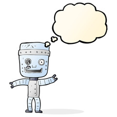 cartoon funny old robot with thought bubble