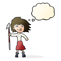 cartoon woman with spear with thought bubble