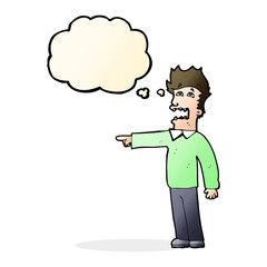 cartoon man accusing with thought bubble