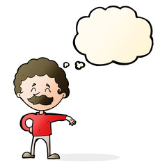 cartoon man making camp gesture with thought bubble