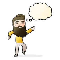 Obraz na płótnie Canvas cartoon bearded man pointing the way with thought bubble