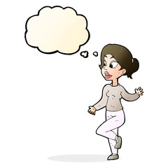cartoon friendly woman waving with thought bubble