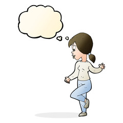 cartoon woman waving with thought bubble