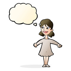 cartoon woman with open arms with thought bubble