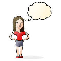 cartoon woman with hands on hips with thought bubble