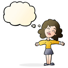 cartoon woman with open arms with thought bubble