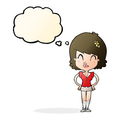 cartoon happy woman with thought bubble