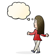 cartoon woman shrugging shoulders with thought bubble