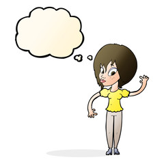 cartoon woman waving with thought bubble