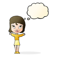 cartoon woman with open arms with thought bubble