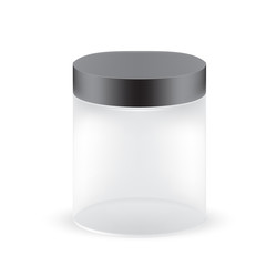 VECTOR PACKAGING: White gray, see through round container with black lid on isolated white background. Mock-up template for design