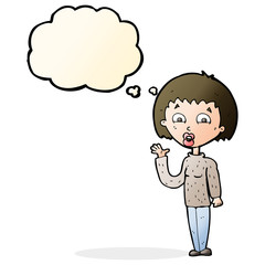 cartoon woman waving with thought bubble