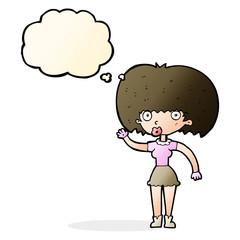 cartoon woman waving with thought bubble