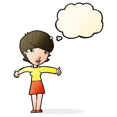 cartoon woman giving thumbs up symbol with thought bubble