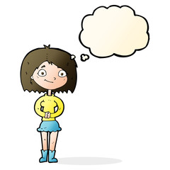 cartoon happy woman with thought bubble