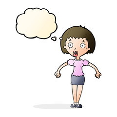cartoon confused woman shrugging shoulders with thought bubble