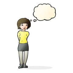 cartoon shy woman with thought bubble