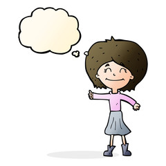 cartoon happy girl giving thumbs up symbol with thought bubble