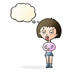 cartoon bored woman waiting with thought bubble