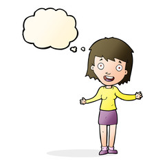 cartoon excited woman with thought bubble