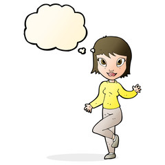 cartoon pretty woman waving with thought bubble