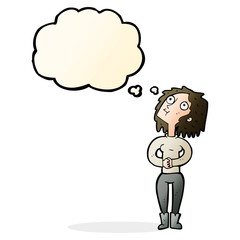 cartoon woman looking upwards with thought bubble
