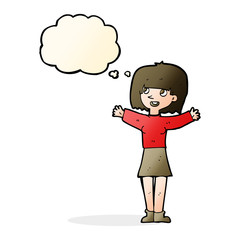 cartoon excited woman with thought bubble