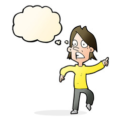cartoon worried man pointing with thought bubble