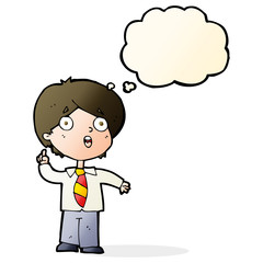 cartoon schoolboy answering question with thought bubble