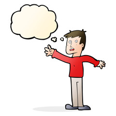 cartoon worried man reaching with thought bubble